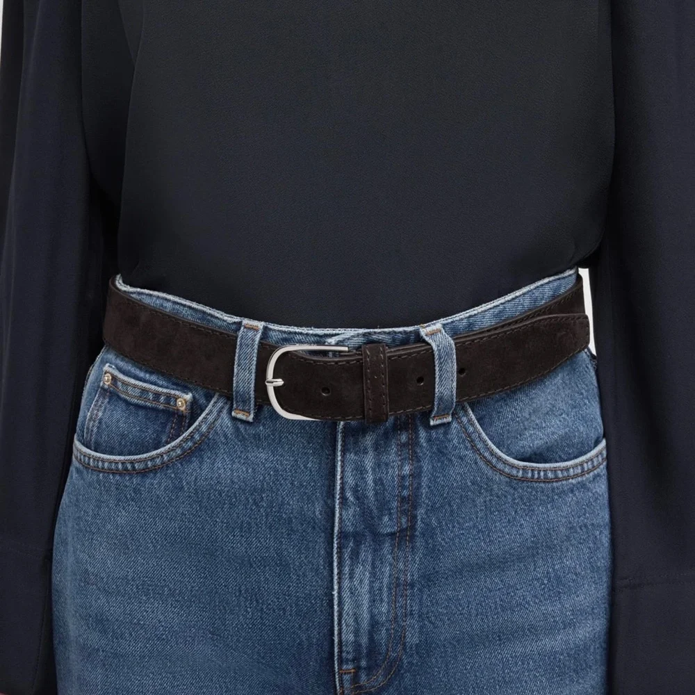 TOTEME Bold Wide Trouser Belt in Suede Espresso Dark Brown Size 80 - Picture 2 of 9
